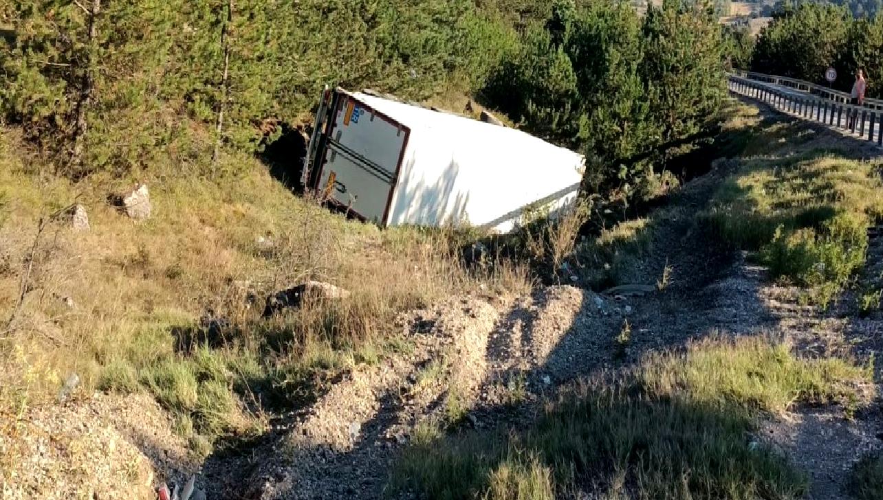 Mudurnu'da meydana gelen TIR kazasında sürücünün şarampole devrilmesiyle ilgili detaylar.