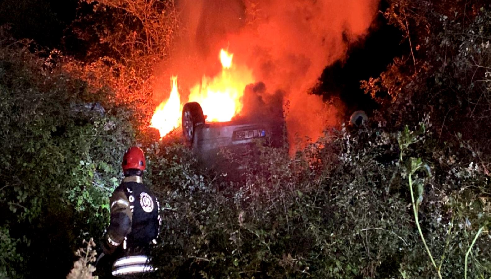 Köseköy'de meydana gelen kazada takla atan araçta yangın çıktı. Olay