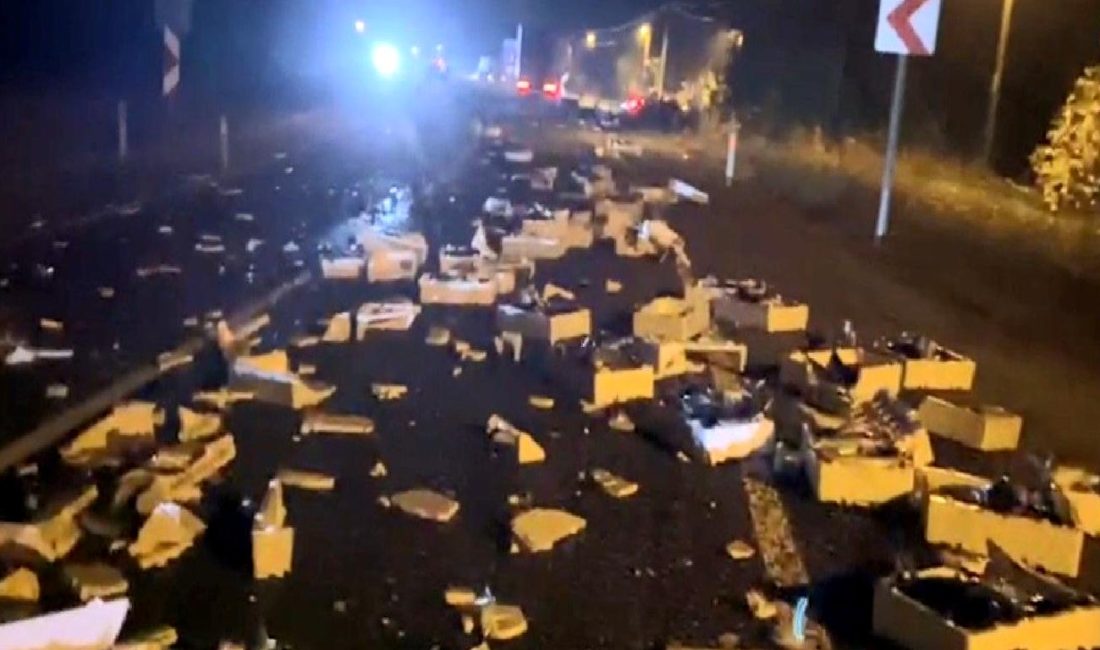 Budakdüzü'nde meydana gelen tır kazasında yola dökülen balıklar için temizlik