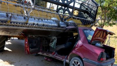 Biçerdöver kazasında araç kağıt gibi ezildi, 30 metre fren izi